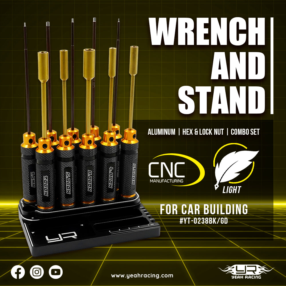 YEAH RACING - Aluminum Hex & Lock Nut Drive Wrench w/ Tool Stand Combo Set - YT-0238BK/GD