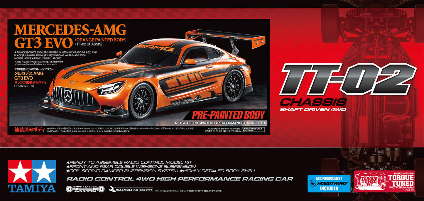 (Pre-Order End of May 2026) Tamiya - Mercedes-AMG GT3 EVO (TT-02) with Orange Painted Body Item No. 47519