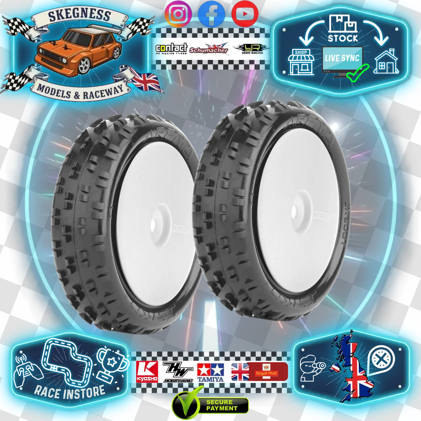 Jetko - Cut Stagger - 1/10 2.2IN BUGGY TYRE/TIRES GLUED White Wheels - 2WD Front - YELLOW EOS - JK2001EGW (Use when less bite needed Carpet/Astro)