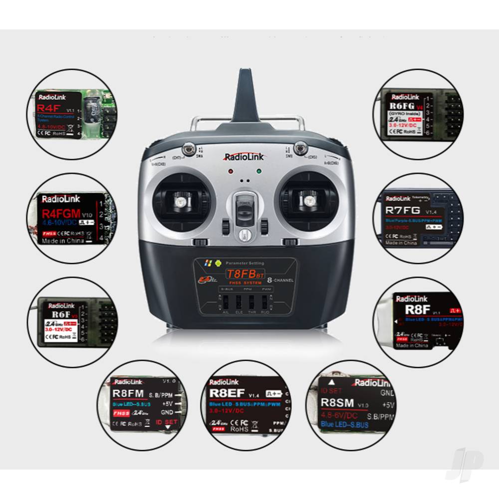 RadioLink - T8FB 2.4GHz 8-Ch Transmitter Radio w/Bluetooth & 2x R8EF Receivers (Not recommend for 2 channels RC Cars)