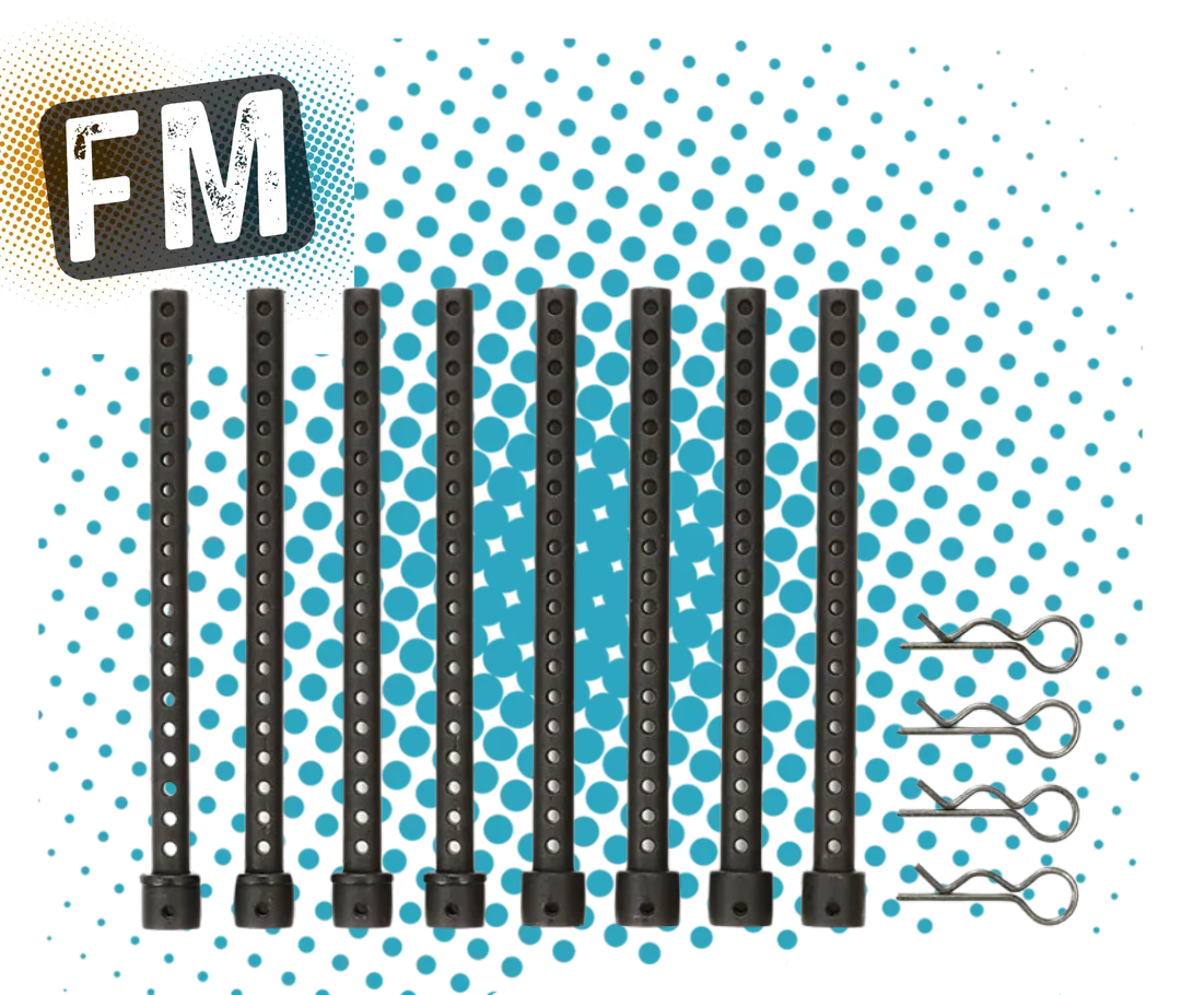 TAMIYA 54604 - TT01E & TT02 BODY MOUNT EXTENSIONS 9CM TALL X8 POSTS & (Euro Truck FAT FOX BUGGYRA) + 4 Clips