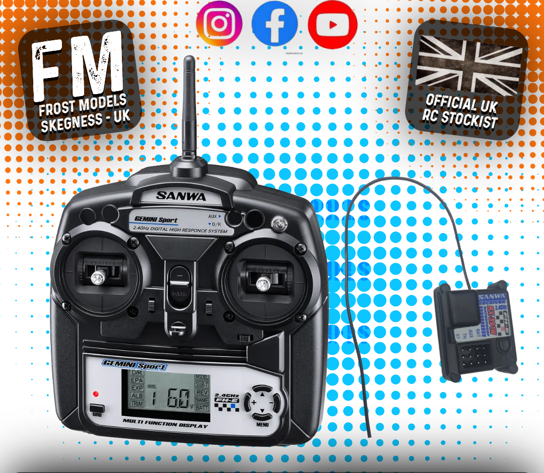 A SANWA Gemini Sport 2.4ghz RC Car/Buggy Stick Radio Set with RX391W Receiver displayed on a graphic background featuring the brand's colors and logos.