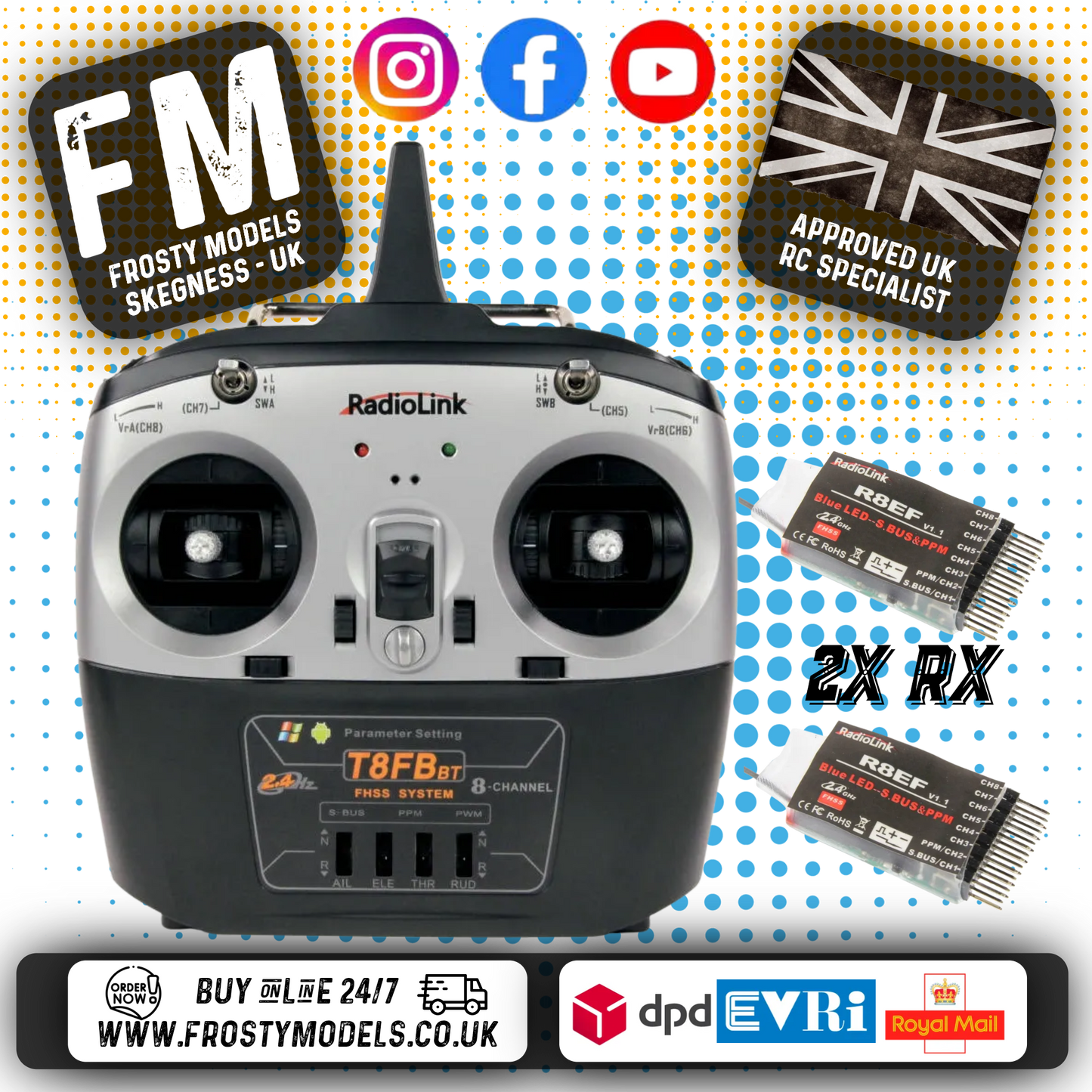 RadioLink - T8FB 2.4GHz 8-Ch Transmitter Radio w/Bluetooth & 2x R8EF Receivers (Not recommend for 2 channels RC Cars)