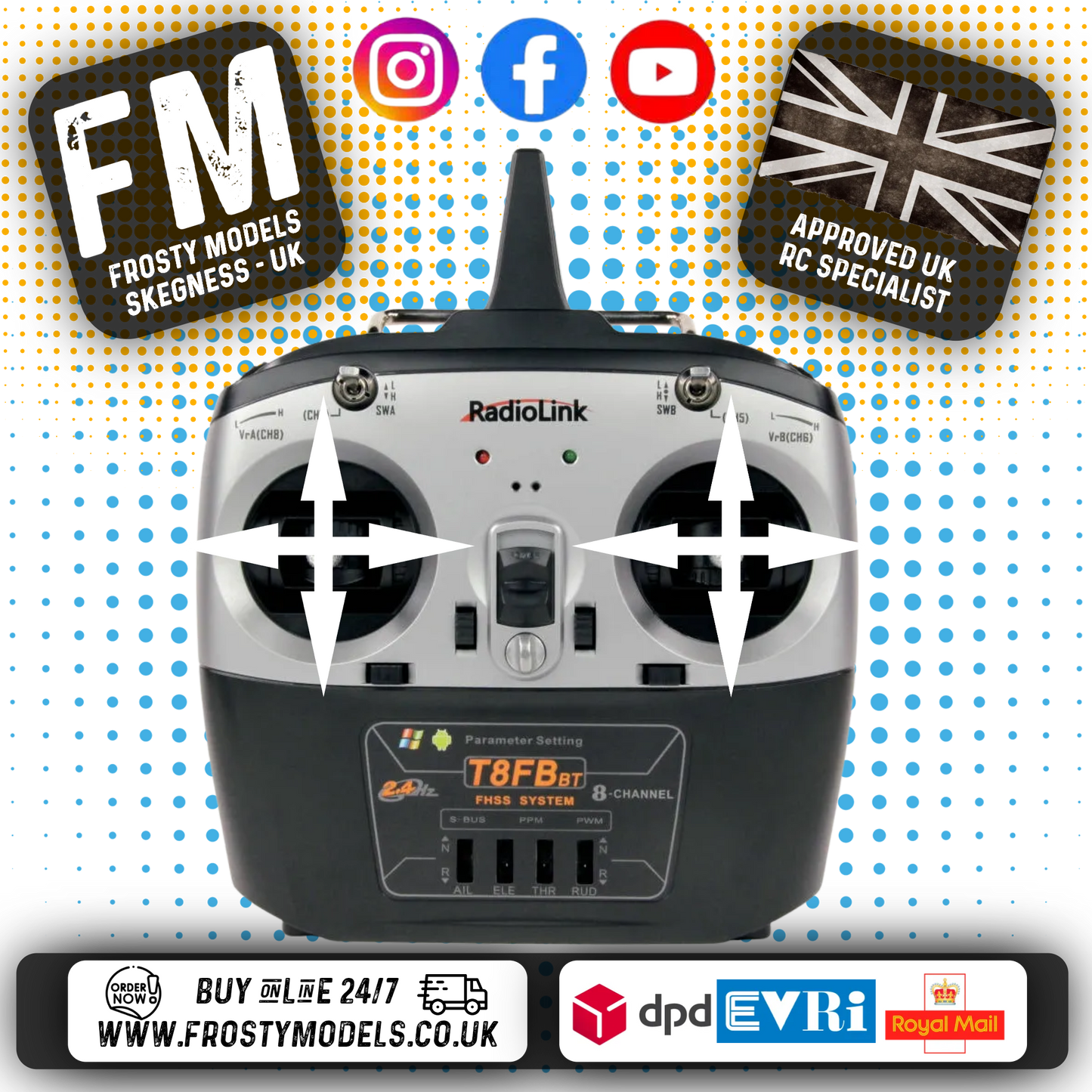 RadioLink - T8FB 2.4GHz 8-Ch Transmitter Radio w/Bluetooth & 2x R8EF Receivers (Not recommend for 2 channels RC Cars)