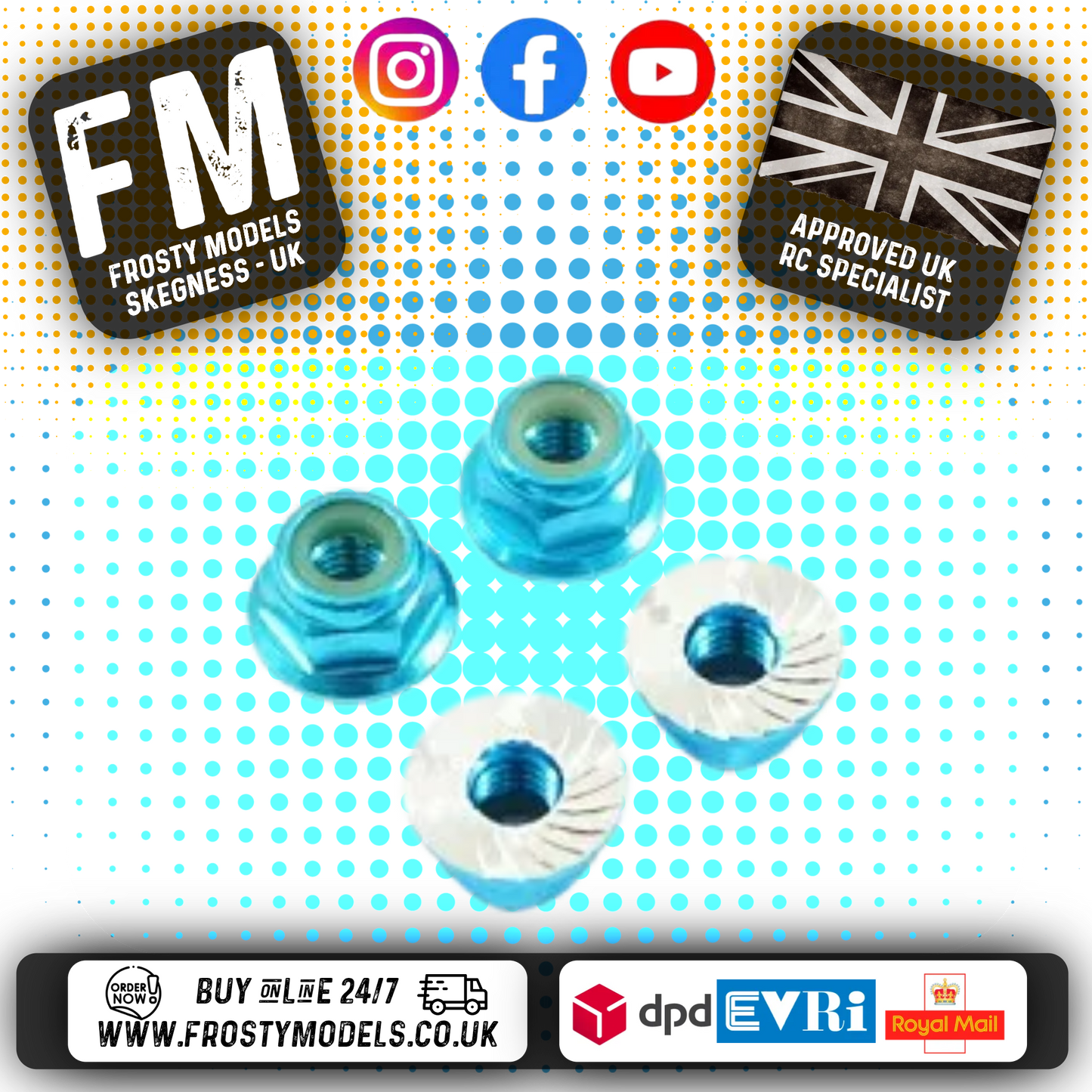 FASTRAX - M4 1/10 WHEEL NUTS - SERRATED BLUE ALUMINIUM LOCKNUTS 4PCS - FTM4BS