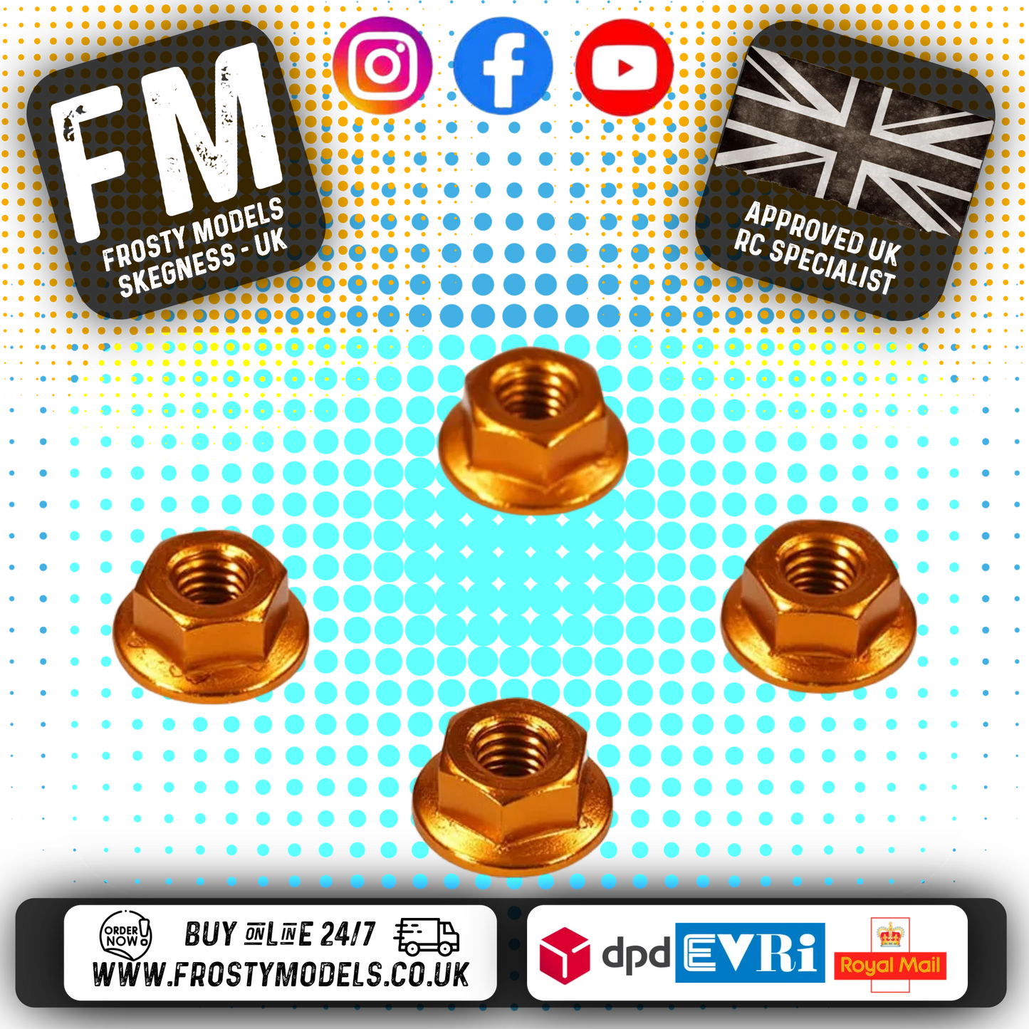 FASTRAX - M4 1/10 WHEEL NUTS - SERRATED GOLD ALUMINIUM 4PCS - FTM4GS