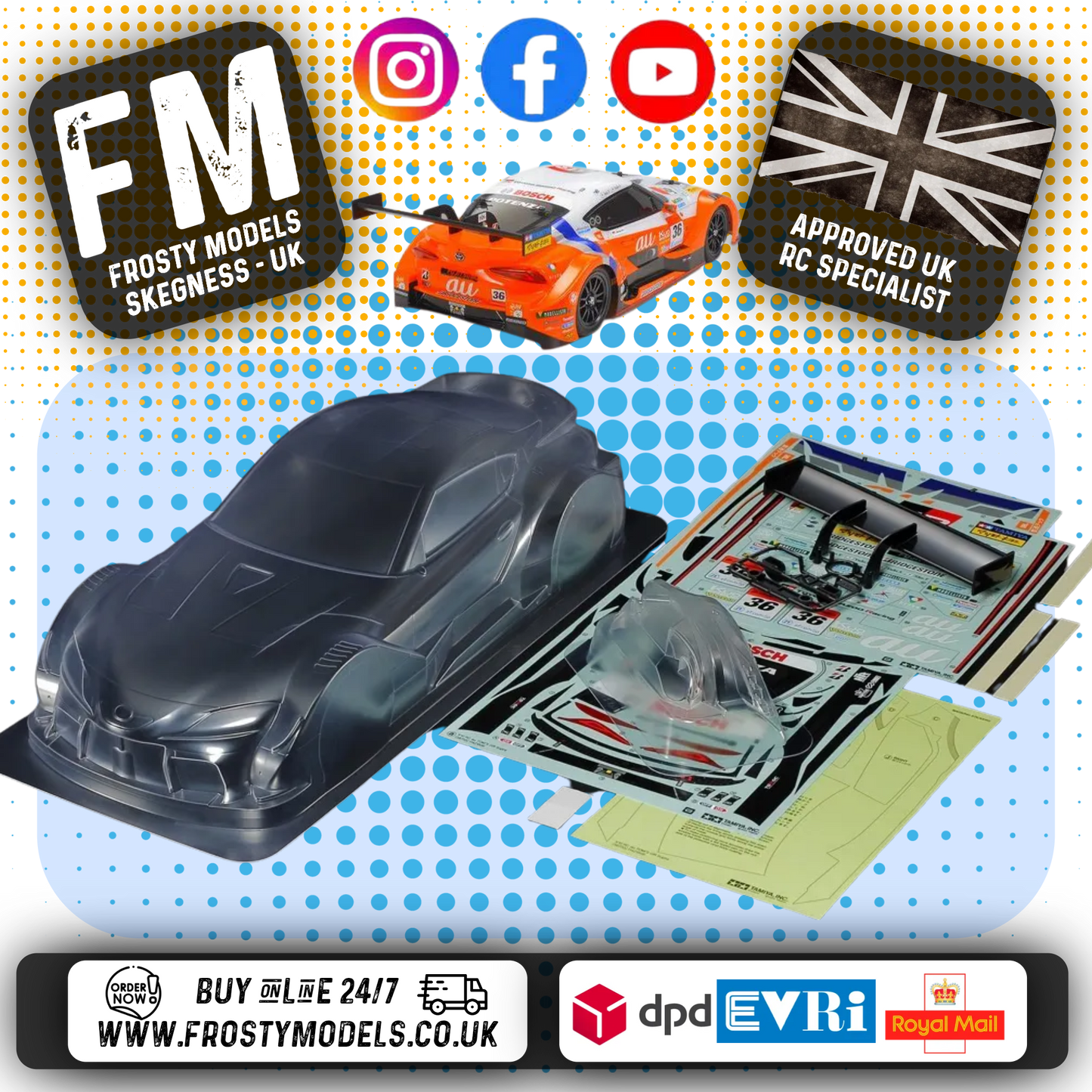 TAMIYA - 51678 1/10 RC TOMS TOYOTA GR Supra Body Shell 190MM Wide / Standard 257mm Wheelbase