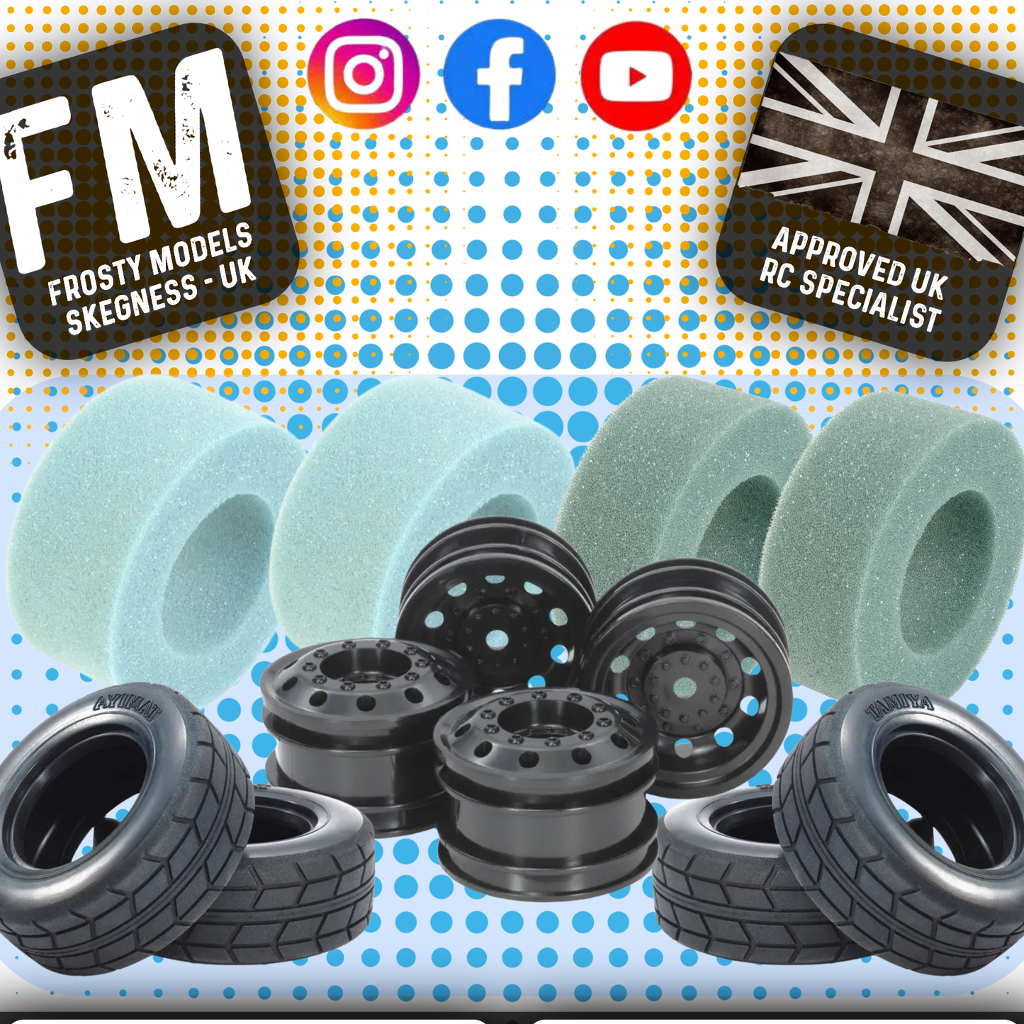 TAMIYA TT01E EURO TRUCK - Carpet Racing Bundle Wheels, Inserts & Tyres (TUBBY PRO SPEC - Black Truck Wheels)