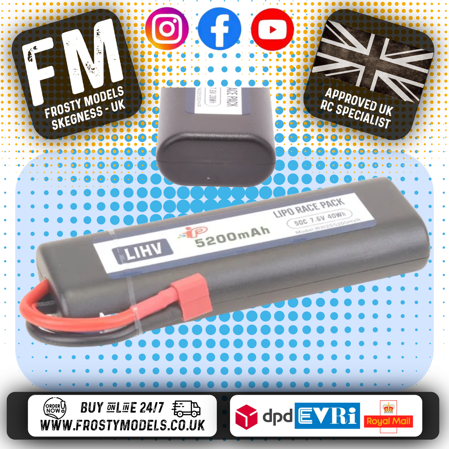 Intellect - LIPO BATTERY (LIHV) 2S 5200mAh 7.6v 50c Stick Deans Plug (FITS TT01E) - IPRW2S5200HVR