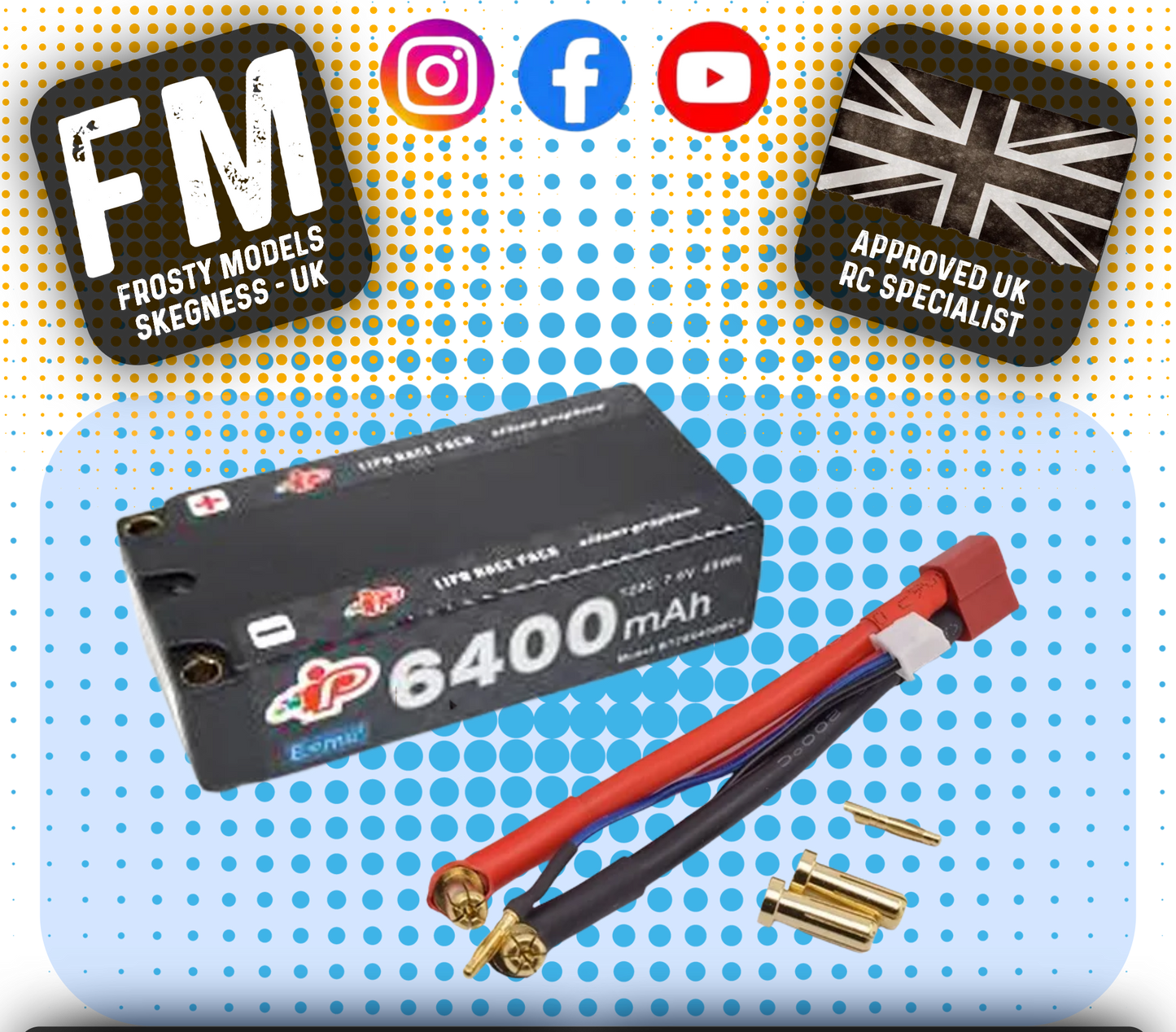 An Intellect 2S LiPo battery with a 5mm balance lead, branding, and specifications displayed, against a branded background.