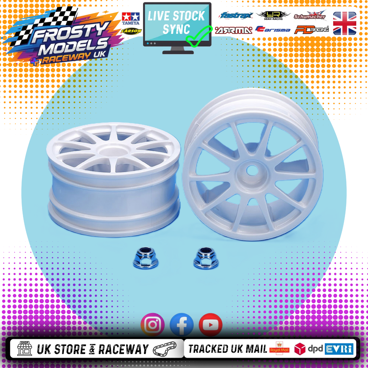 Tamiya 50732 - 1/10 (2PCS with nuts) RC Touring Car White 10 SPOKE Wheels (26mm / O-Offset) 12mm Hex Drive