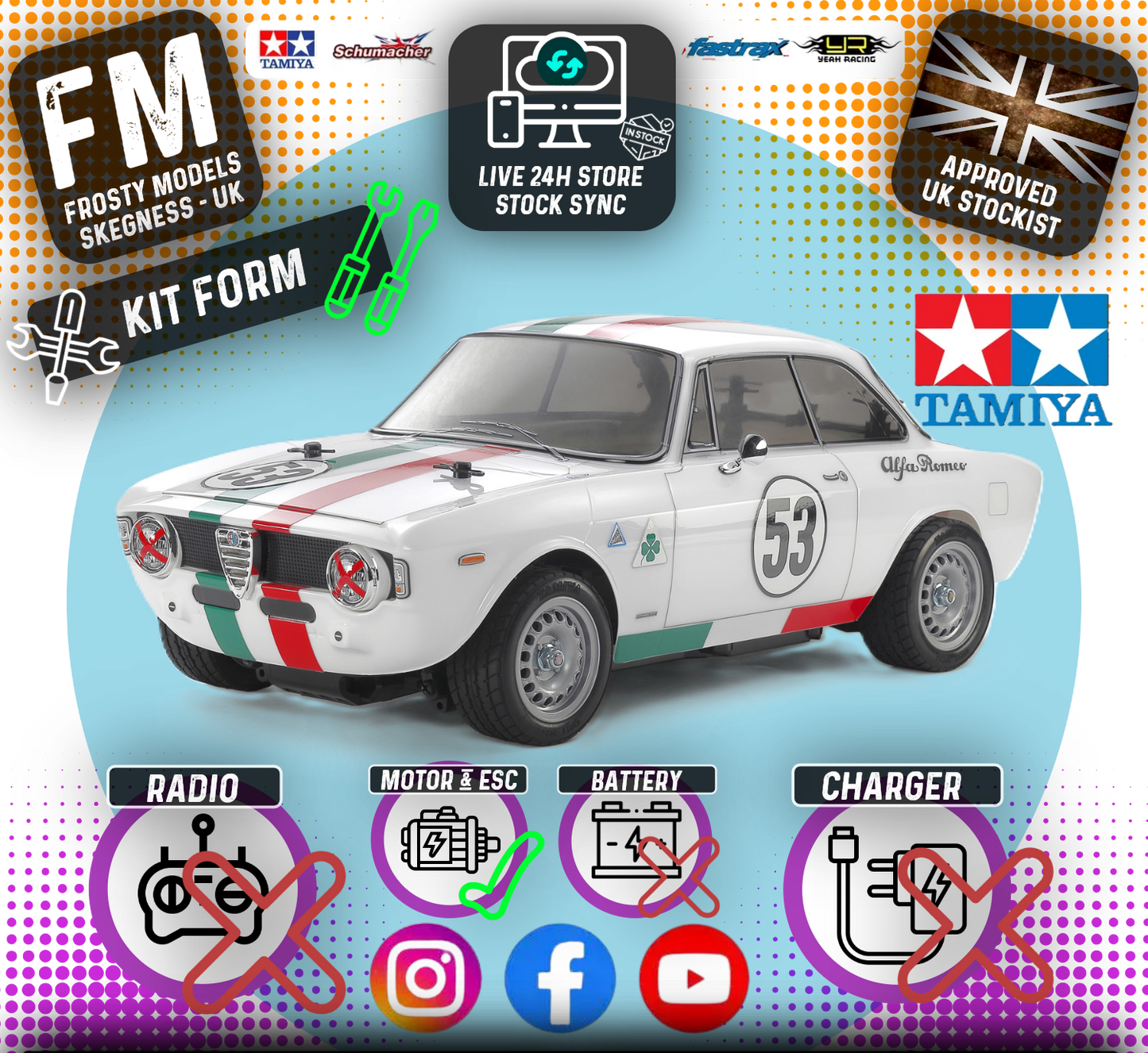 TAMIYA 58732 - RC 1/10 Giulia sprint GTA Club (MB01) Mini FWD/RWD M-CHASSIS CAR (ESC & MOTOR INCLUDED - Requires, Radio/Servo Set, Battery & Charger)
