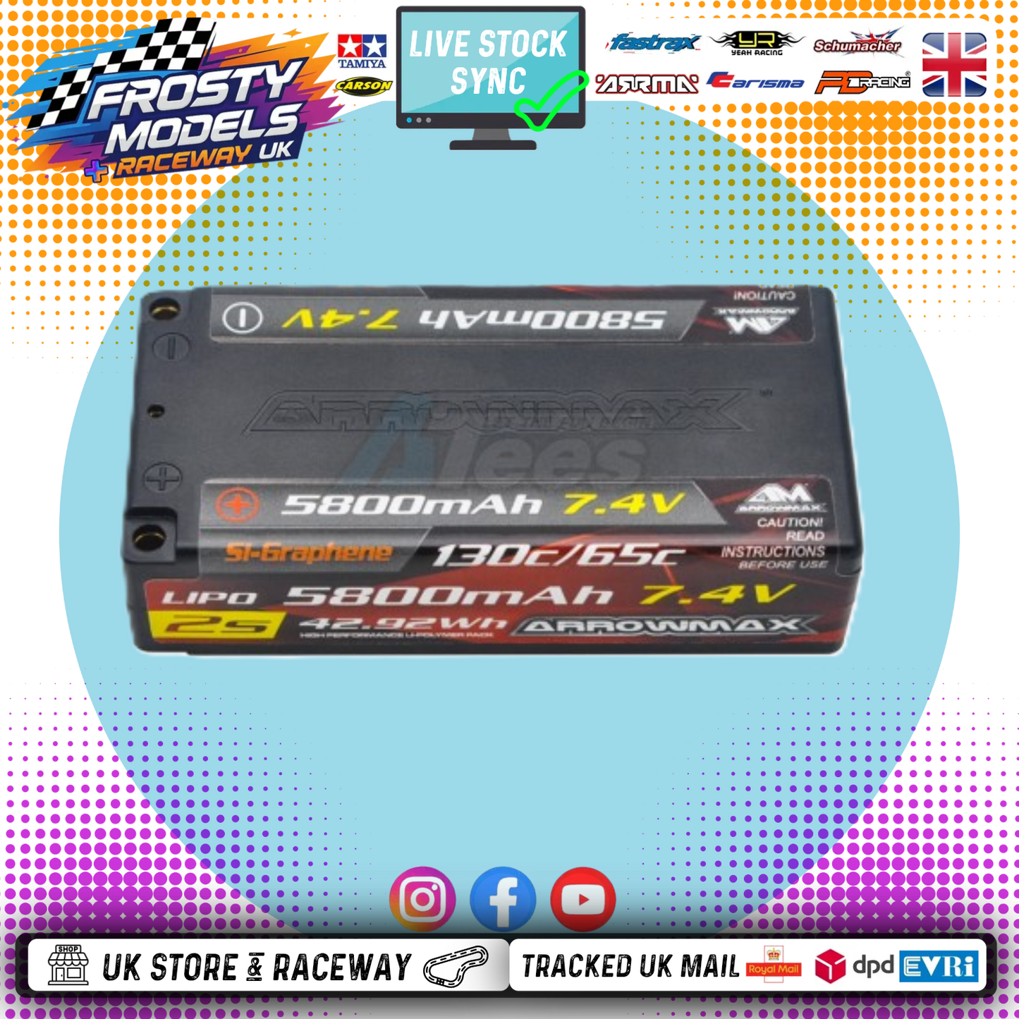 Arrow Max - 96mm Long Shorty Lipo Battery 5800mAh 2S Shorty - 7.4V (4mm Bullet) 130C (Si-Graphene) AM-700205 - (96mm x 47mm x25mm)