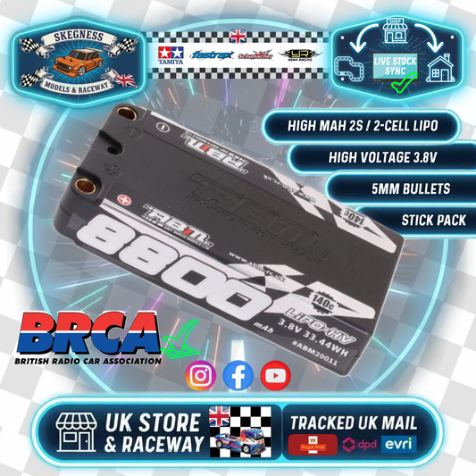 ABM - 1S Lipo HV GT12 Car Battery 8800mah 3.8V 130C (5mm Bullets) (Shorty L92.5mm, W46.9mm, H18.5mm) BRCA Approved - ABM20011