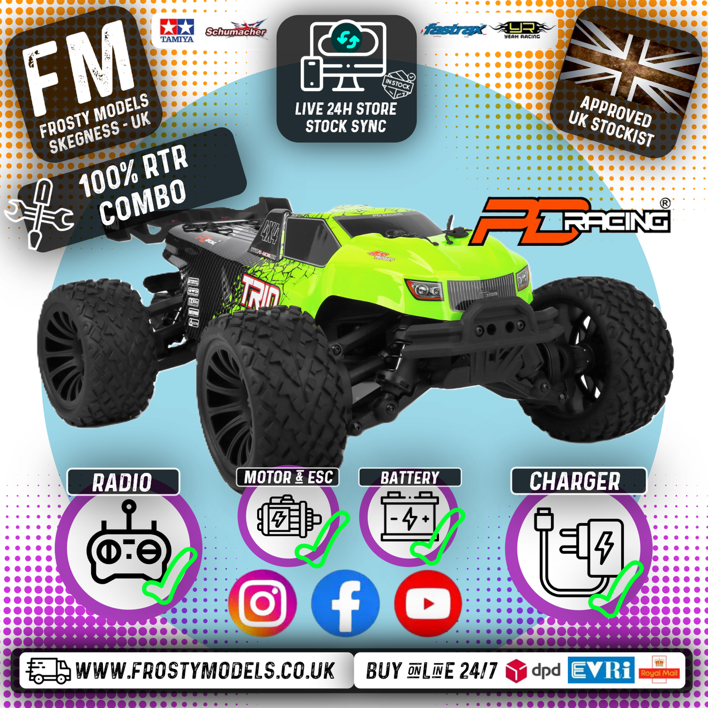 PD RACING - TR10 1/10 Radio Control BRUSHED Truggy BASHER 100% RTR - w/Radio, Battery & Charger - PD861T (Up to 2S Lipo Capable)