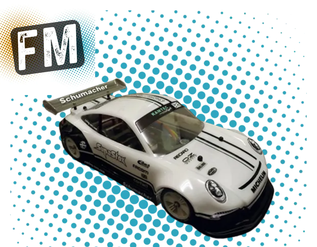 Unpainted white Lexan G908 GT12 body type PGT3 for remote control cars, with branding and sponsor decals, displayed on a blue background with 'FROSTY MODELS.CO.