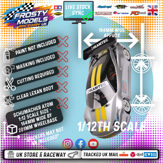 Porsche GT3 Body Shell GT12 TYPE PGT3 1/12 SCALE (ATOM) (CLEAR LEXAN) - G907 (201mm wheelbase / 164mm wide)