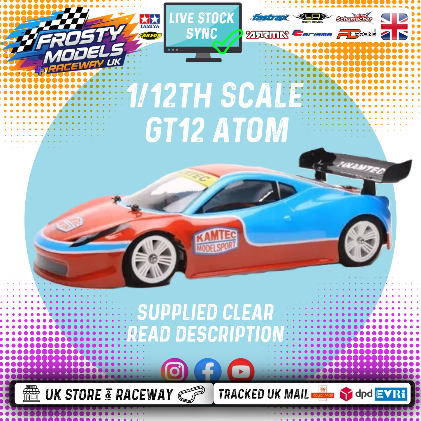 GT12 Atom Body - Ferrari 458 - Clear Lexan - Fits 1/12 Car 201mm Wheelbase / 164mm Wide