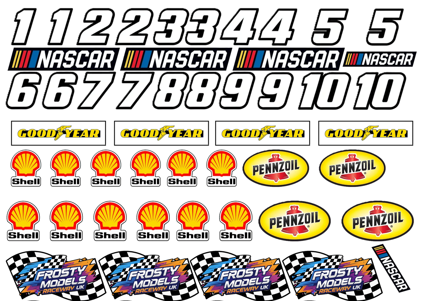 Frosty Models Raceway - Nascar Sticker Set Numbers & Promo (A5 Sheet) White Backing