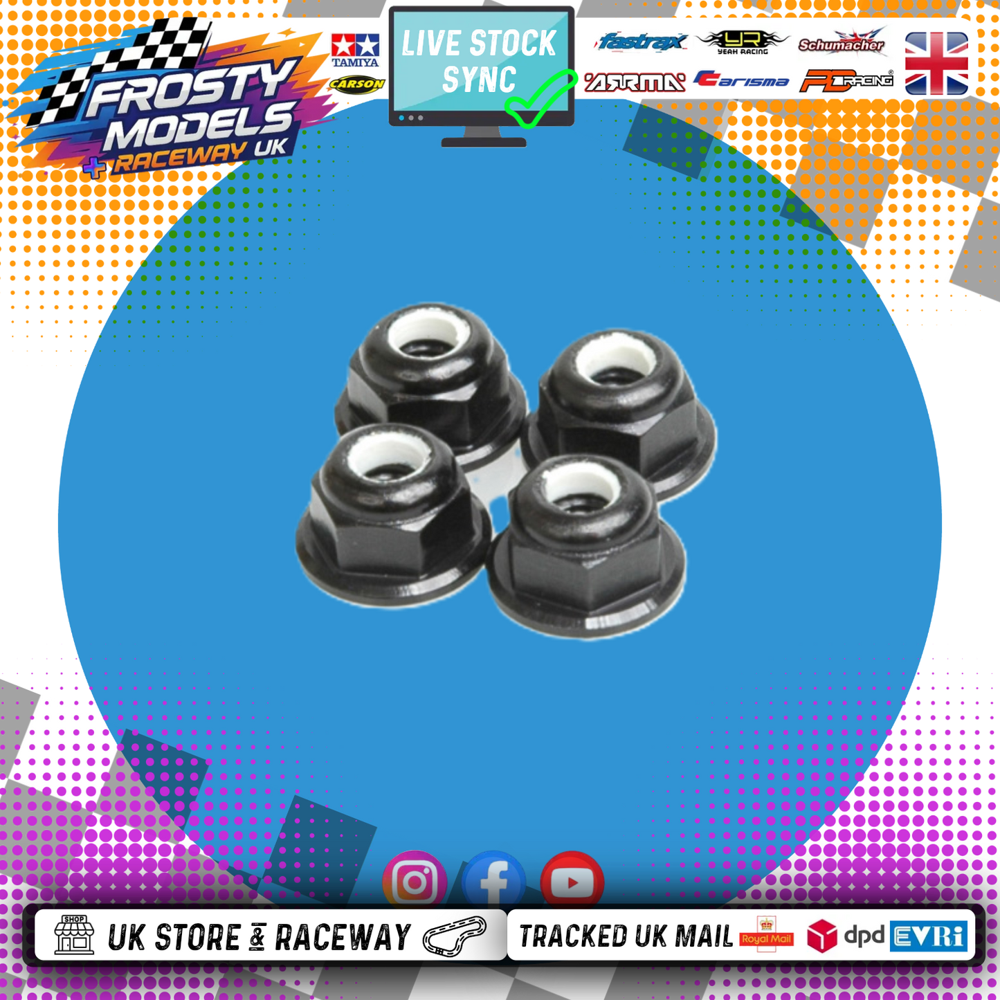 Schumacher - M4 1/10 WHEEL NUTS (7mm Socket) - BLACK FLANGED LOCKNUTS (4PC) U2812