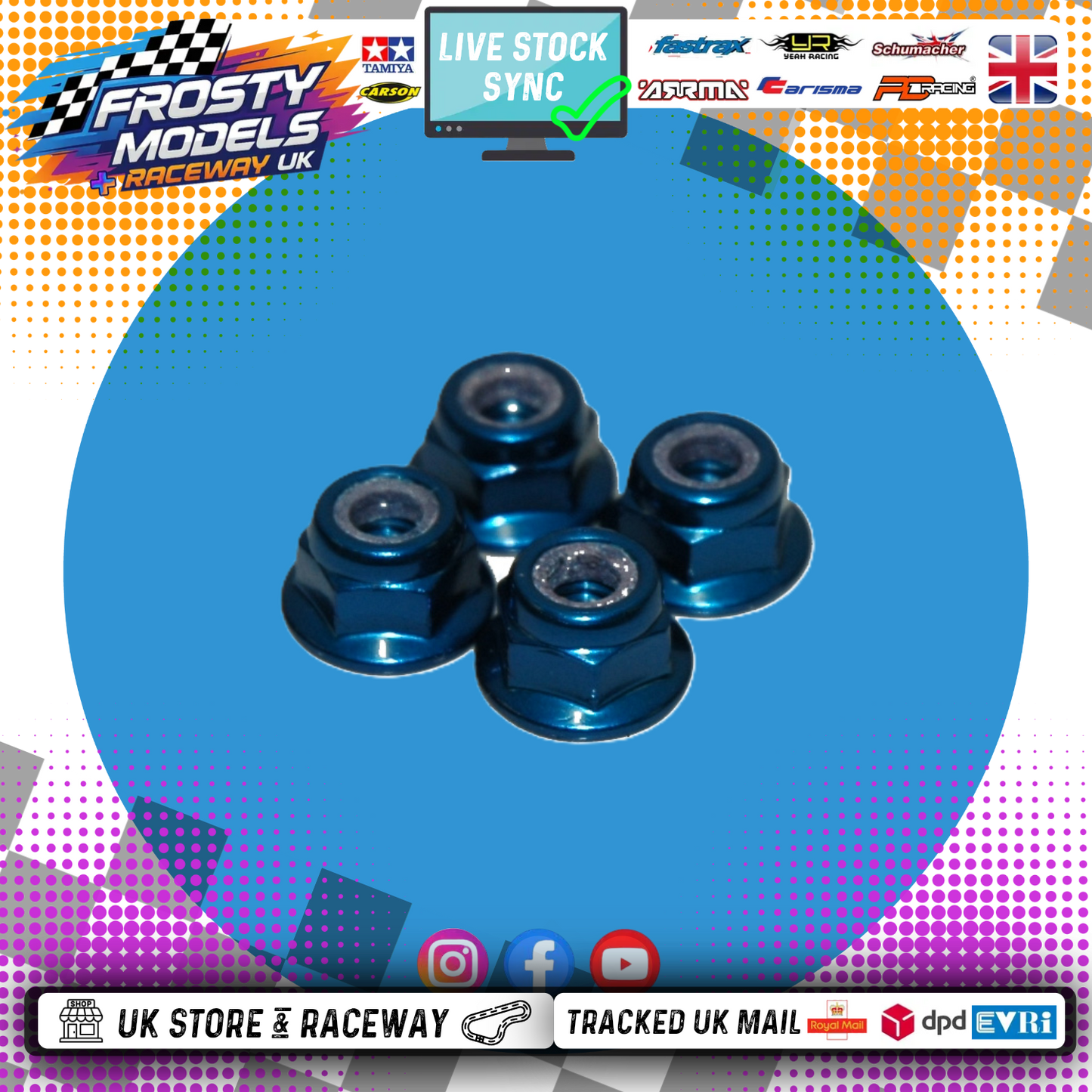 Schumacher - M4 1/10 WHEEL NUTS (7mm Socket) - Blue FLANGED LOCKNUTS (4PC) U2811