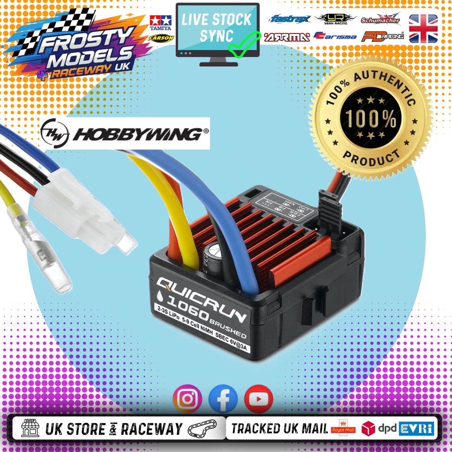 HOBBYWING - QUICRUN - WP1060 - 1/10 RC BRUSHED ESC - TAMIYA PLUG (60AMP) HW30120060007 (TT01E EURO TRUCK STOCK SPEC)