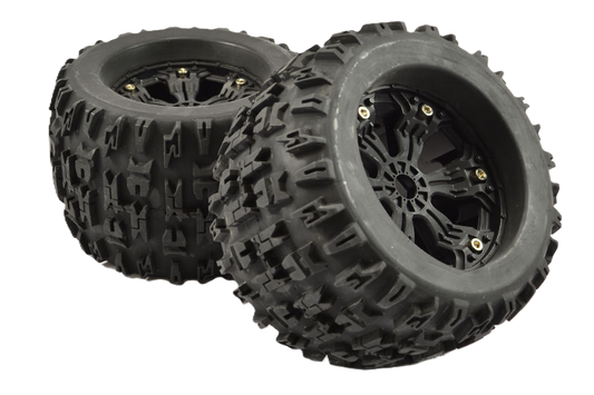 FASTRAX - 1/8 MT 17mm Fitment JIGSAW MOUNTED 6-SPOKE BLACK 1/2" OFFSET (2pcs) - Monster Truck Tyres & Wheels Pre Glued - FAST1165B (Does not fit PD Racing TK10 or TR10!