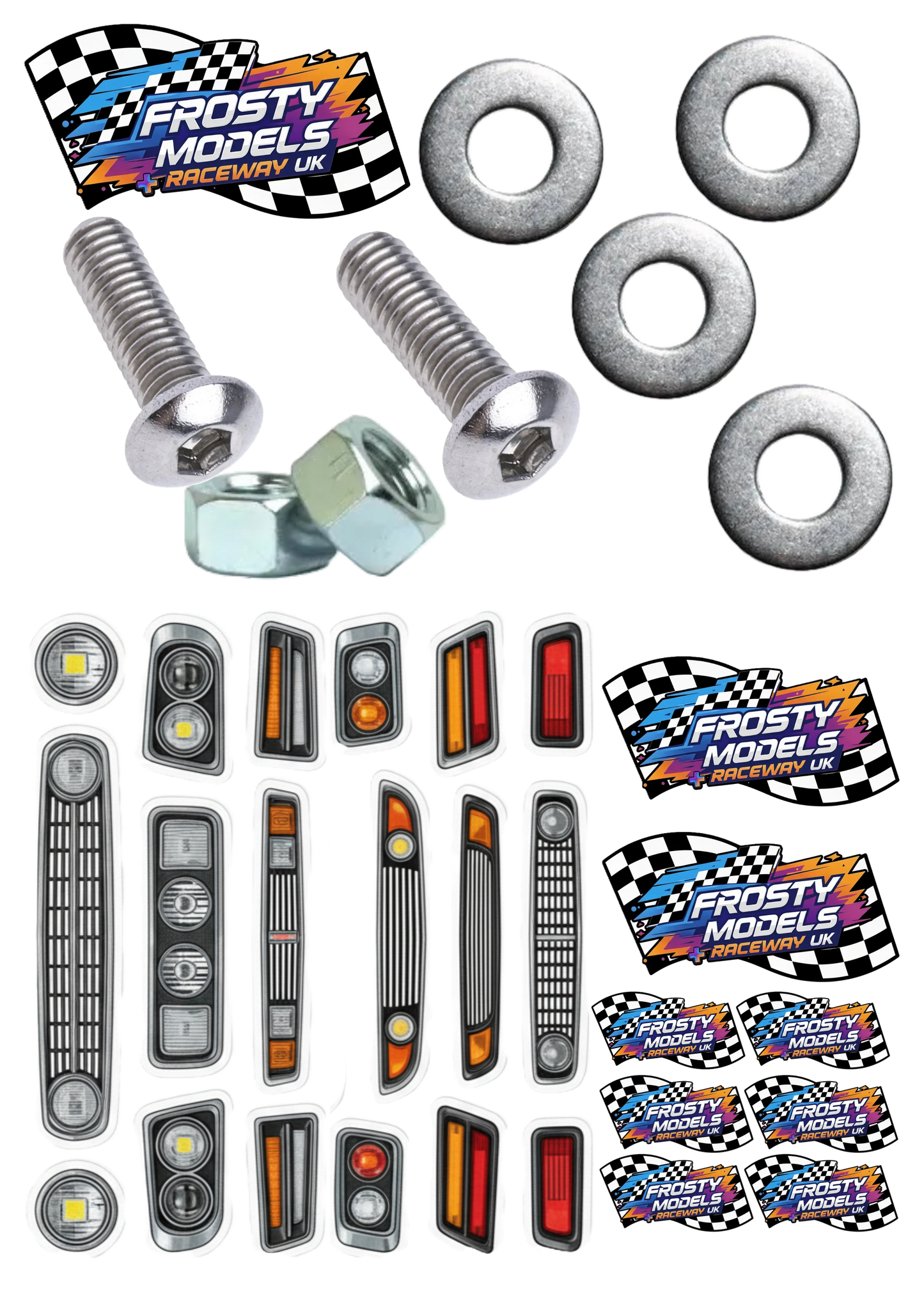 Generic Light & Grills, Mini 1/12th Bodies Assortment Stickers + Spoiler Wing Mounting Hardware (M3 Nuts, Bolts & Washers) (Free when you add a 1/12th Mini GT Body to Cart first)