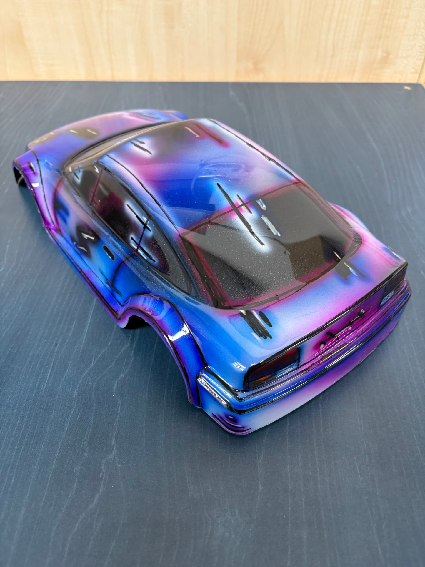 Airbrushed GT12 Supastox Body - Opel Calibra - Clear Lexan - Fits 1/12 Car 205mm Wheelbase / 160mm Wide  (Pink Florescent & Blue)