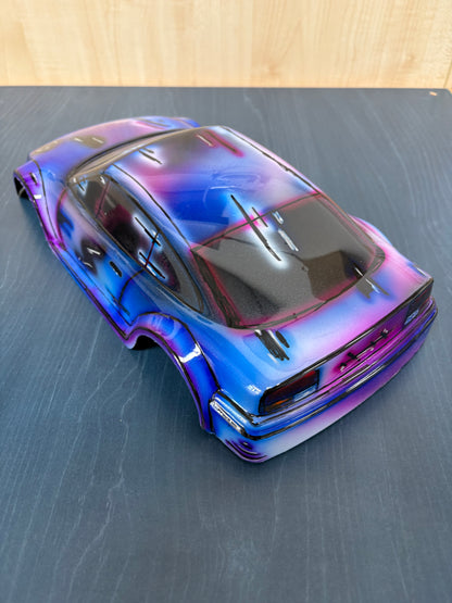 Airbrushed GT12 Supastox Body - Opel Calibra - Clear Lexan - Fits 1/12 Car 205mm Wheelbase / 160mm Wide  (Pink Florescent & Blue)