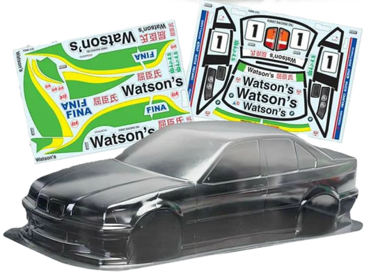 1/10 190mm Wide RC Touring Car Body Shell - Clear Lexan - BMW E36 Bodyshell Watsons Race Livery (258mm Wheelbase / 190mm Wide) - everything in photo included)