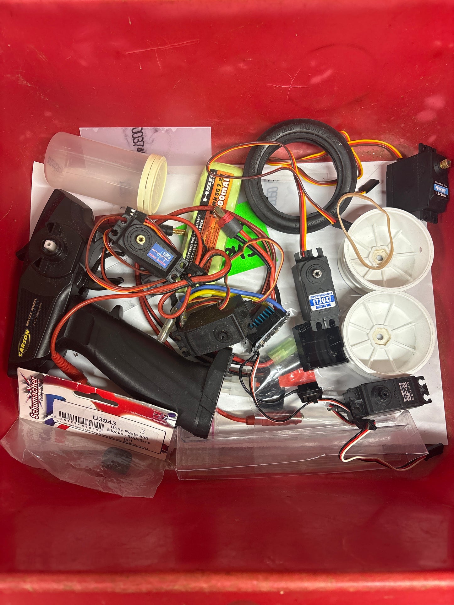 Box of spares or repairs RC Car Radio, servos, ESC, buggy tires, battery, wheels - all untested