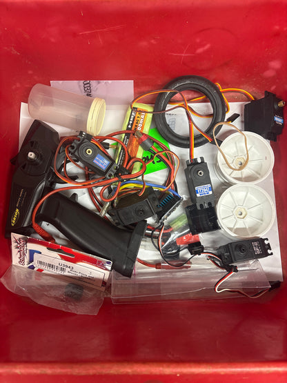 Box of spares or repairs RC Car Radio, servos, ESC, buggy tires, battery, wheels - all untested