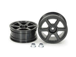 TAMIYA - RC 1/10 TOURING CAR WHEELS - 6 SPOKE (BLACK) (2PCS / +2 OFFSET) - 53453 (& 2X WHEEL NUTS)