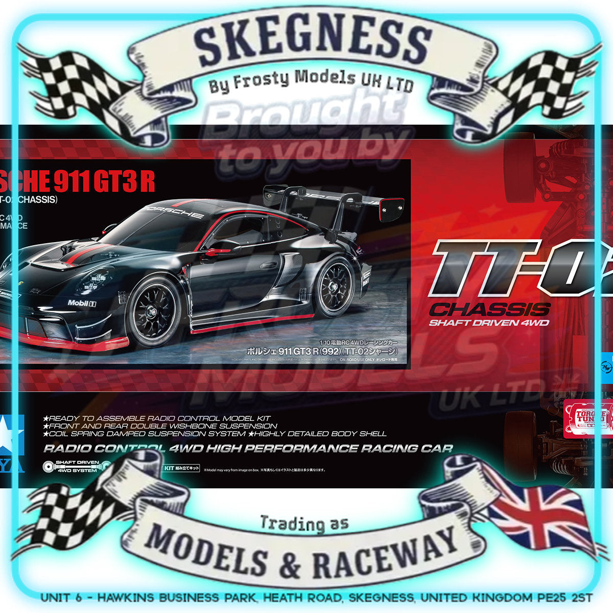 Tamiya - 1/10 RC Car Kit Porsche 911 GT3 R (992) (TT-02) - 58745 (ESC & Motor Included - Requires Radio, Servo, Battery, Charger, PS Spray & Assembly)