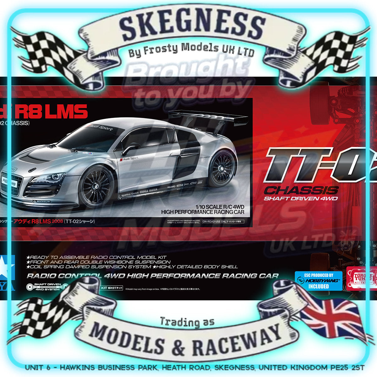 Tamiya - 1/10 RC Car Kit Audi R8 LMS 2008 (TT-02) - 58749 (ESC & Motor Included - Requires Radio, Servo, Battery, Charger, PS Spray & Assembly)