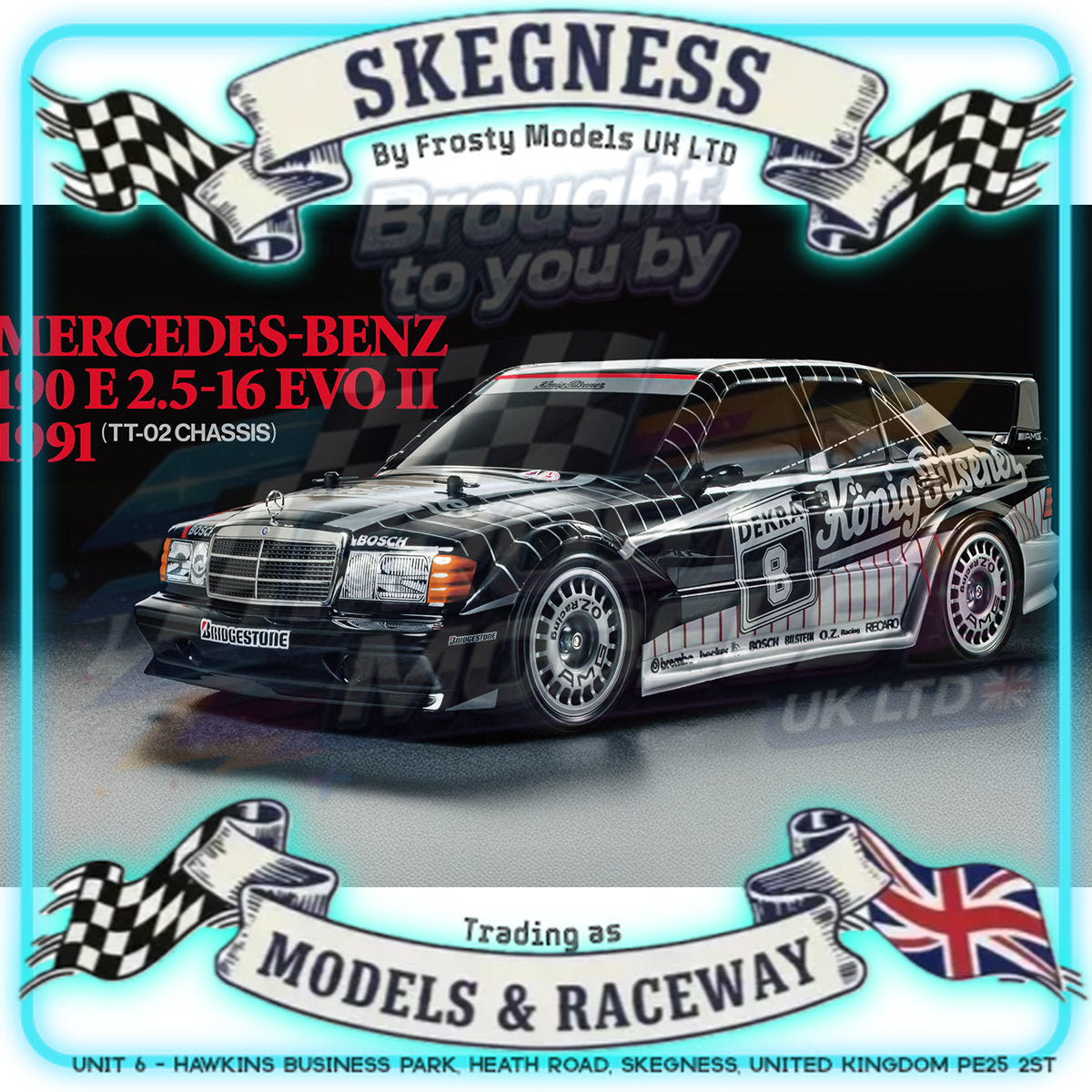 Tamiya - 1/10 RC Car Kit TT02 Mercedes-Benz 190 E 2.5-16 EVO II 1991 - 58752 (ESC & Motor Included - Requires Radio, Servo, Battery, Charger, PS Spray & Assembly)