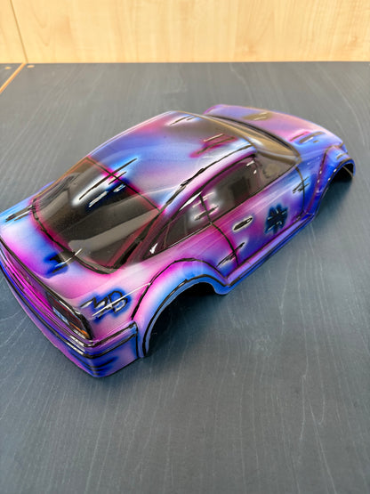 Airbrushed GT12 Supastox Body - Opel Calibra - Clear Lexan - Fits 1/12 Car 205mm Wheelbase / 160mm Wide  (Pink Florescent & Blue)