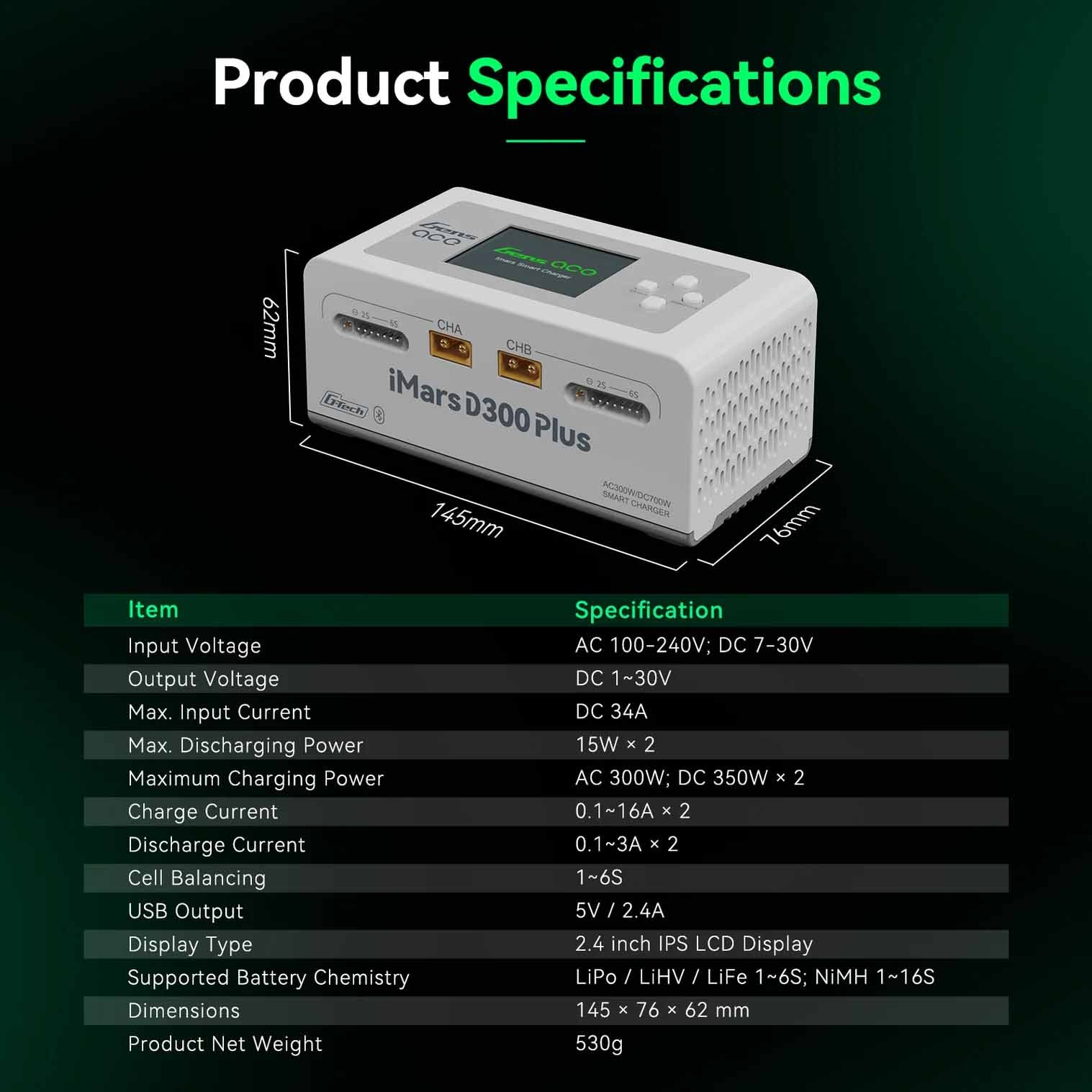 GensAce - Lipo LiHV RC Battery Charger iMars D300 PLUS Dual Channel (UK) White - GEA300WPLUS-WUK