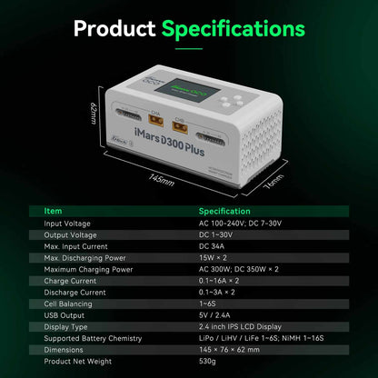 GensAce - Lipo LiHV RC Battery Charger iMars D300 PLUS Dual Channel (UK) White - GEA300WPLUS-WUK