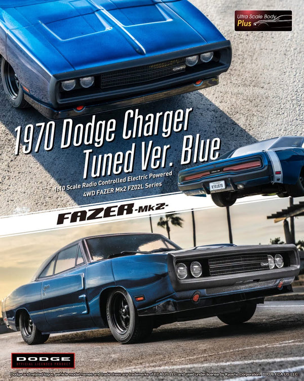 KYOSHO - RC Car Fazer FZ02 (L) Dodge Charger 1970 Blue 1/10 RTR Readyset - K.34475T1B (Just add Battery & Charger) Ultra Scale Body - Clip-less Body (optional flip lights available)