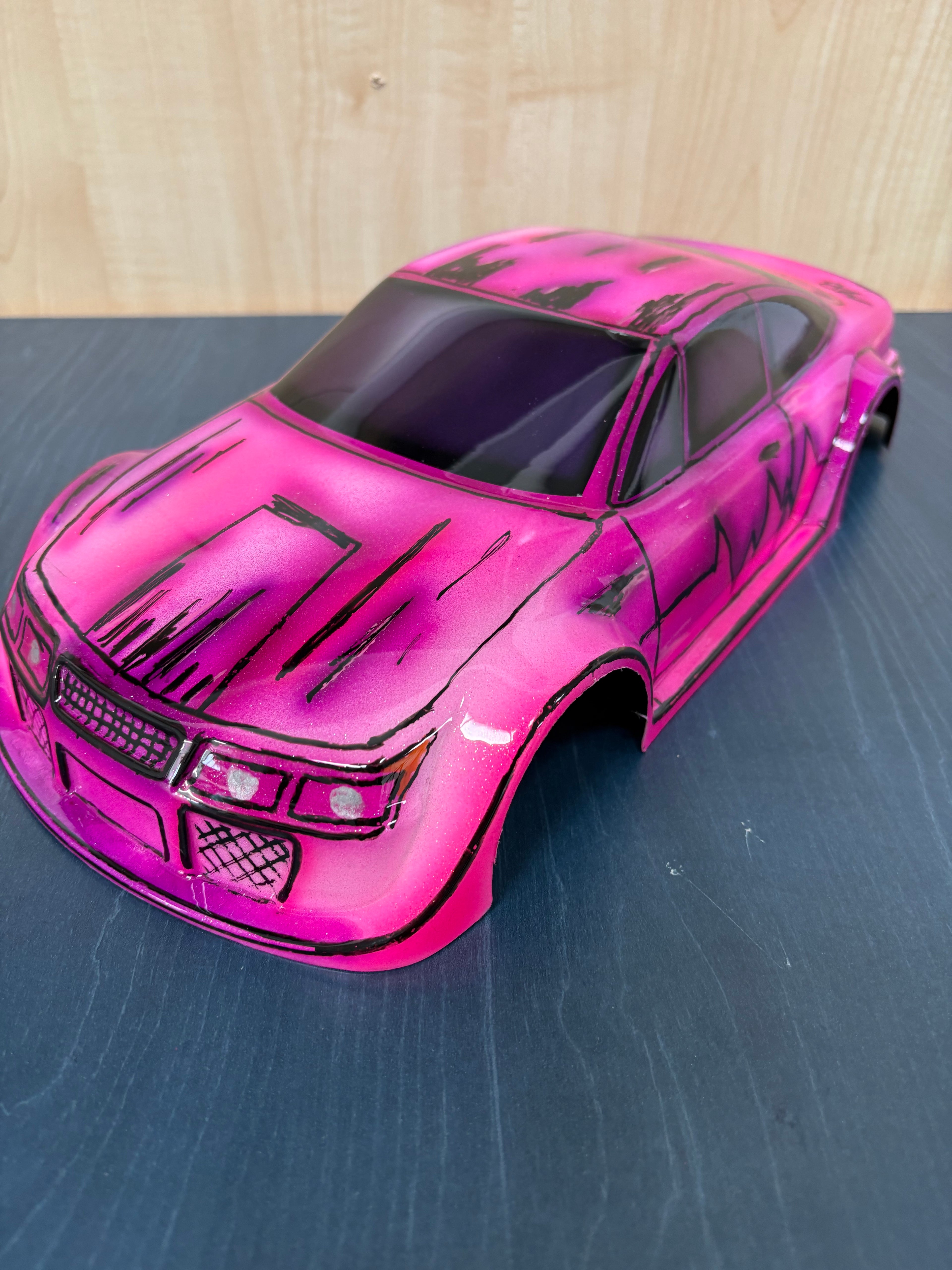 Airbrushed GT12 Supastox Body - Opel Calibra - Clear Lexan - Fits 1/12 Car 205mm Wheelbase / 160mm Wide  (Pink Florescent)