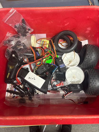 Box of spares or repairs RC Car Radio, servos, ESC, buggy tires, battery, wheels - all untested