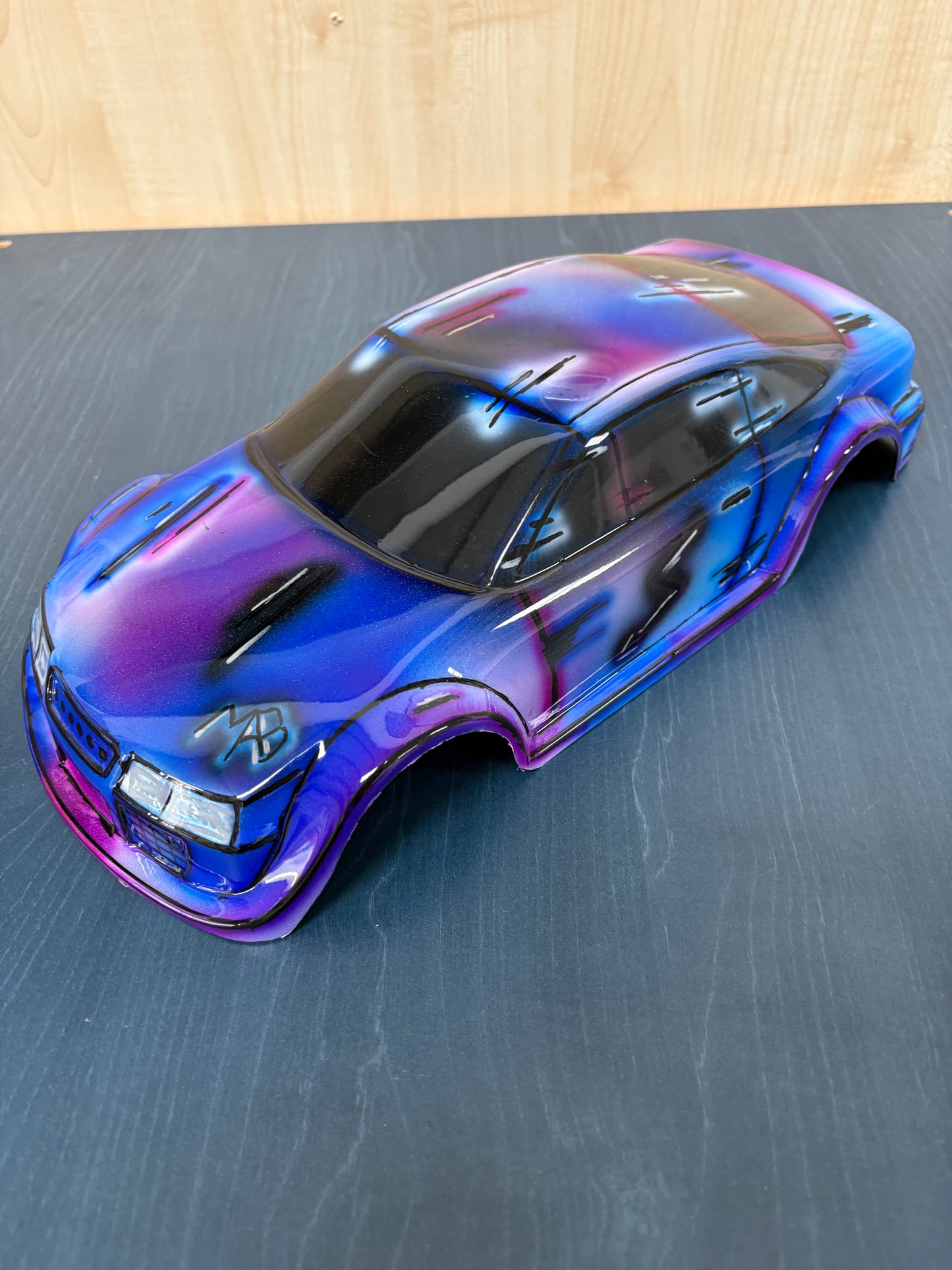Airbrushed GT12 Supastox Body - Opel Calibra - Clear Lexan - Fits 1/12 Car 205mm Wheelbase / 160mm Wide  (Pink Florescent & Blue)