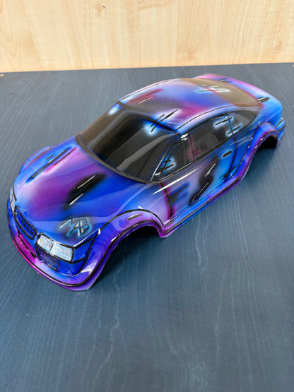 Airbrushed GT12 Supastox Body - Opel Calibra - Clear Lexan - Fits 1/12 Car 205mm Wheelbase / 160mm Wide  (Pink Florescent & Blue)