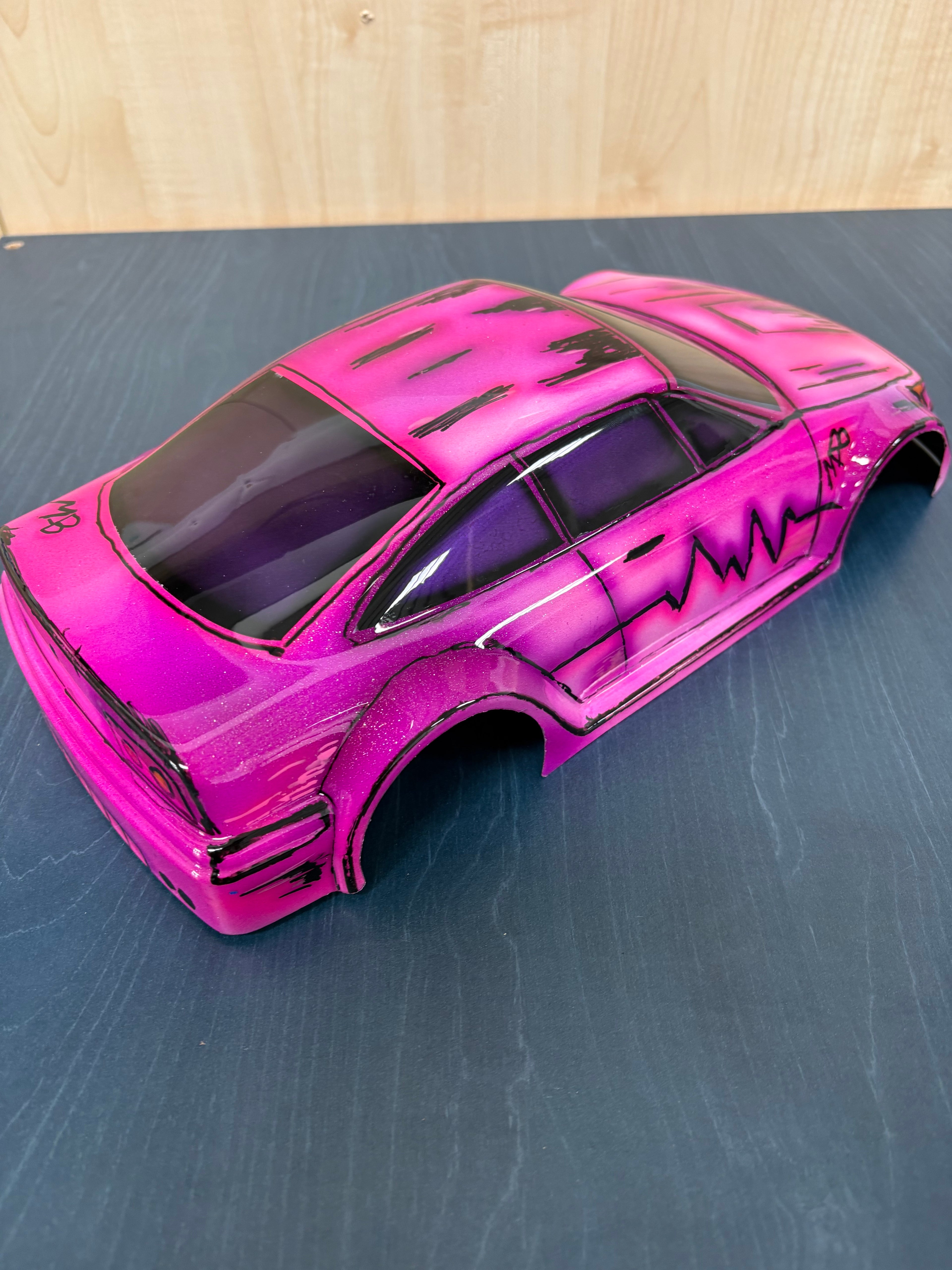 Airbrushed GT12 Supastox Body - Opel Calibra - Clear Lexan - Fits 1/12 Car 205mm Wheelbase / 160mm Wide  (Pink Florescent)
