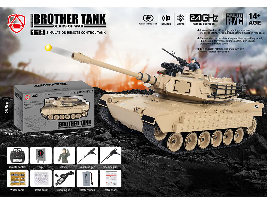 BROTHER TANK - RC RTR Tracked 1:18 USA M1A2 DESERT STORM (BB & WATER BOMB) w/Radio/Battery/Charger