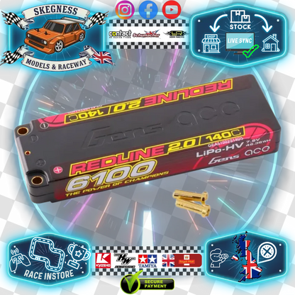 GENS ACE - REDLINE 2.0 LIPO 18.5mm RC BATTERY Hard Case 2S 7.6V HV 6100mAh 140C 5MM BULLET (PRO CAR RACE LIHV)