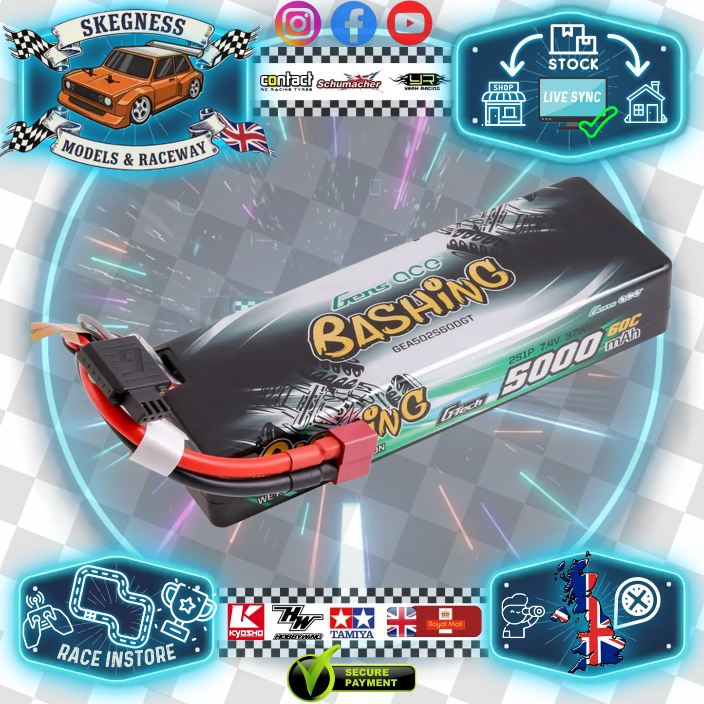 Gens Ace - LiPo Battery G-Tech Car Hard Case 2S 7.4V 5000mAh 60C with T-Type (deans) O-GTC2S5000-60T