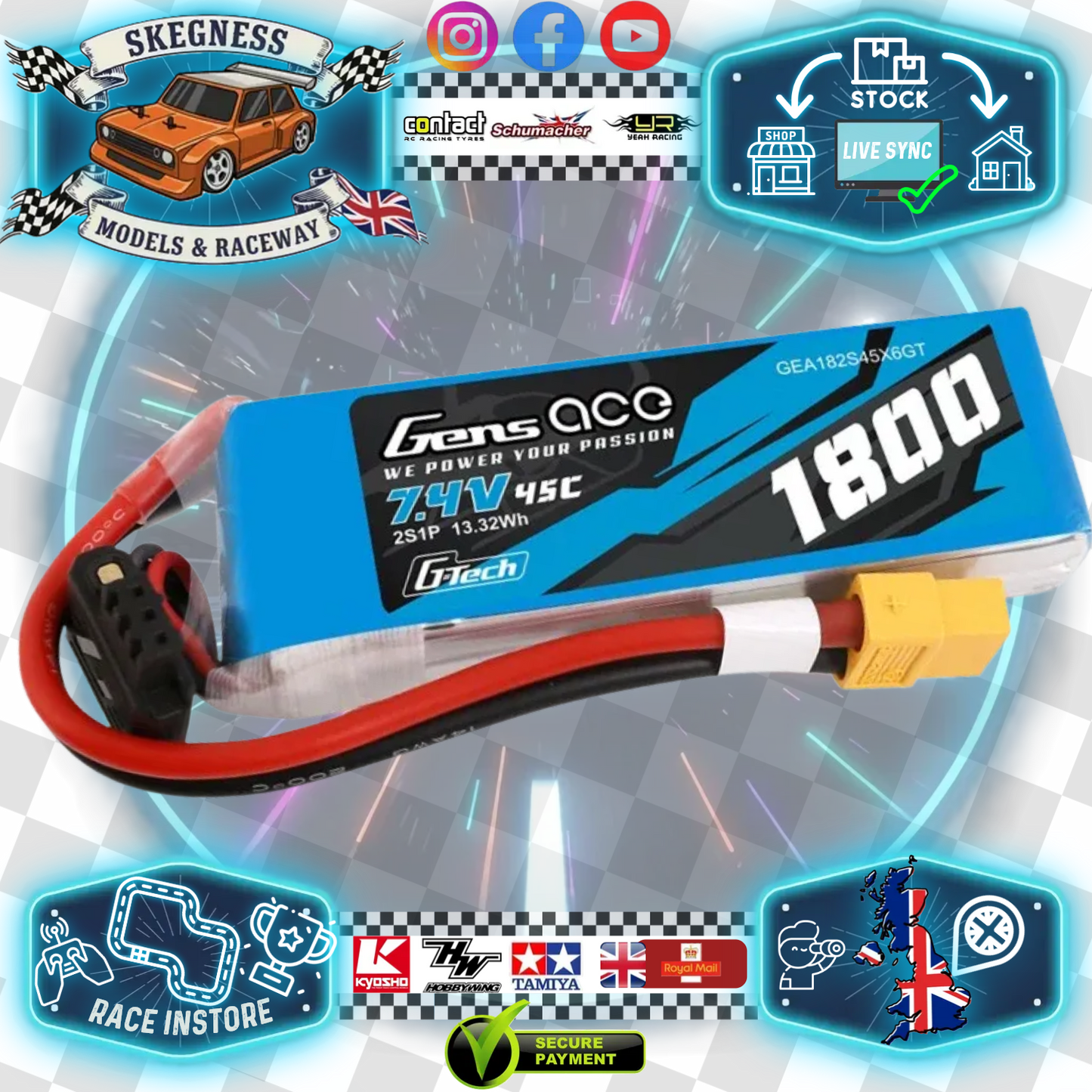 Gens Ace - LiPo Micro 1/14th Battery G-Tech 2S 7.4V 1800mAh 45C with XT60 - O-GT2S1800-45X6